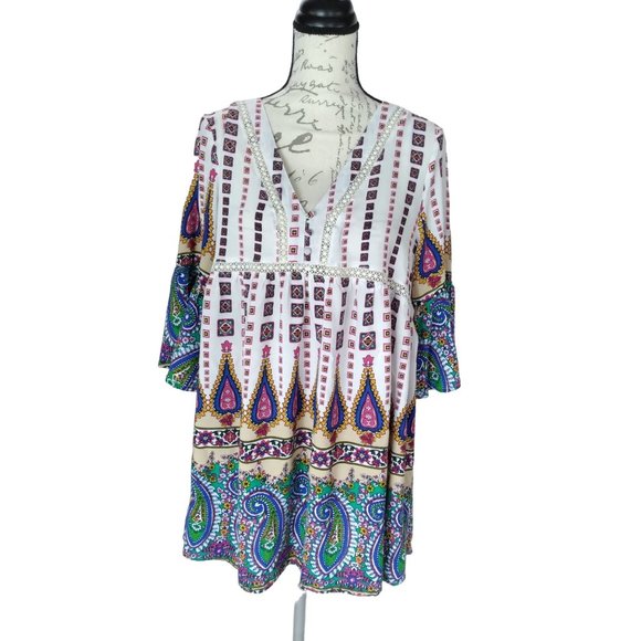Umgee USA VNeck bell Sleeve Print Baby Doll Boho Peasant Dress style Tops M READ - Picture 2 of 16